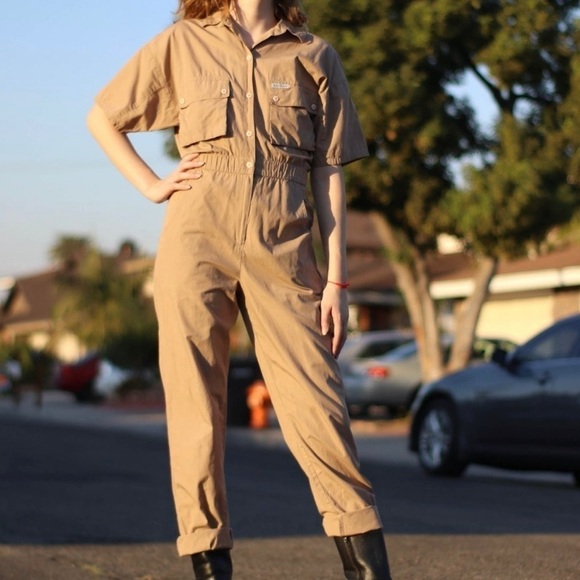 𝅺BUTTON Front Linen Blend Boiler/Jumpsuit Short Sleeve Cargo Pockets Size L - Picture 1 of 11